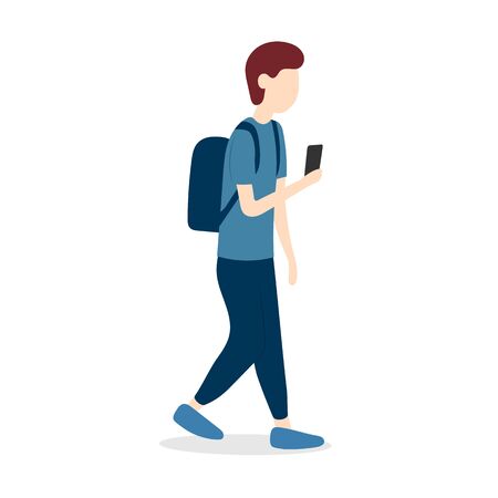 A young man with a backpack walks while looking into a smartphone. Vector illustration isolated on white background.のイラスト素材