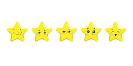 Rating scale with five cute yellow stars. Graduation of mood from crying to happiness. Vector...