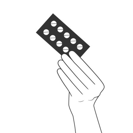 Blister of pills in hand. Vector illustration isolated on white background.のイラスト素材