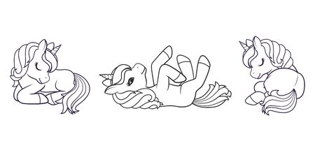 Collection of Cute Cartoon Unicorns isolated on white background. Vector illustration for coloring booksのイラスト素材