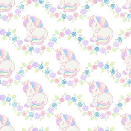 Seamless pattern with Cute Cartoon Lying down Unicorn with flowers. Vector illustrationのイラスト素材