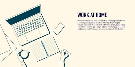 Flatlay with a workplace with copy space. Office desk top view - hands with a cup of coffee, laptop, phone and paper. Vector illustrationのイラスト素材