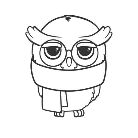 Cute cartoon owl with scarf isolated on white background. Vector illustration for coloring bookのイラスト素材