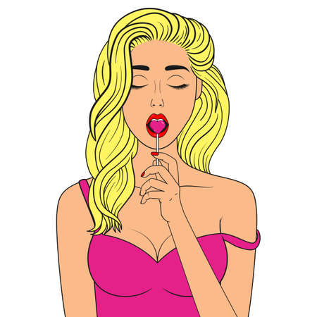 Sexy blonde woman with heart-shaped lollipop. Open mouth. Vector illustrationのイラスト素材