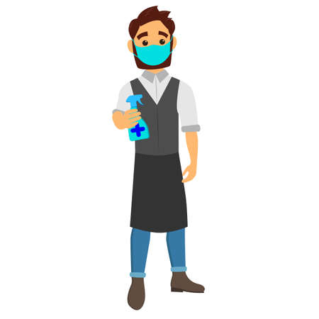 A friendly waiter in a medical mask and a sanitizer in his hands. A male waiter in an apron. Vector illustrationのイラスト素材