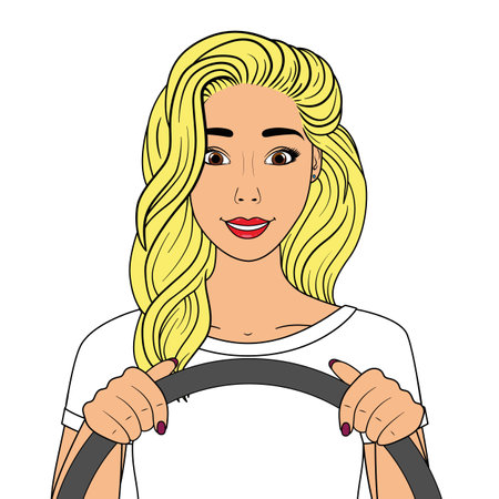Attractive happy girl driving a car. Woman driver. Vector illustration isolated on white background.のイラスト素材