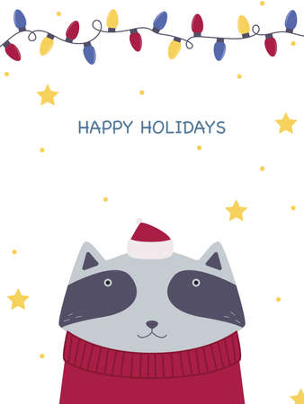 Postcard Merry Christmas. Cute racoon in a hat with snowflakes on the background. Vector illustrationのイラスト素材