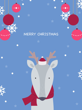 Postcard Merry Christmas. Cute deer in a hat and scarf with snowflakes and christmas balls on the background. Vector illustrationのイラスト素材