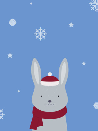 Cute banny in a hat and scarf with snowflakes on the background. Vector illustrationのイラスト素材
