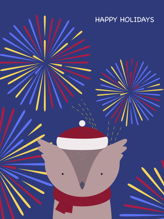 Postcard Happy Holidays. Cute owl in a hat and scarf with fireworks on the background. Vector illustrationのイラスト素材