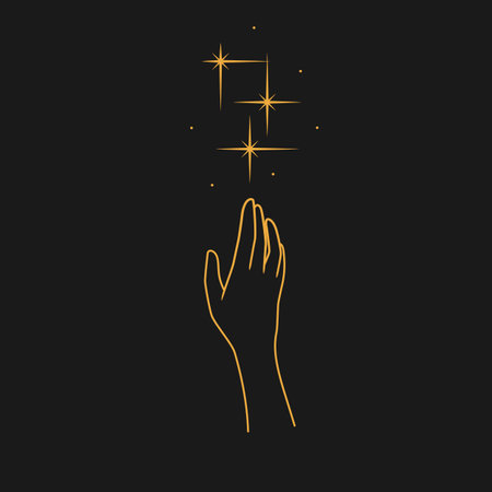 The hand reaches for the stars and sparkles. Sorcery, magic and knowledge. Vector illustration on dark backgroundのイラスト素材