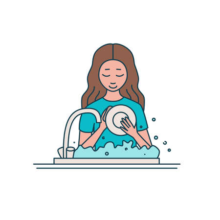 The girl washes the dishes in the kitchen sink. Vector illustrationのイラスト素材