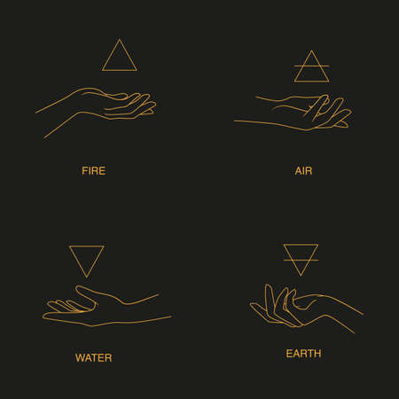 Hands hold symbols of alchemical elements - fire, air, water, earth. Collection of mystical signs. Vector illustration on dark backgroundのイラスト素材