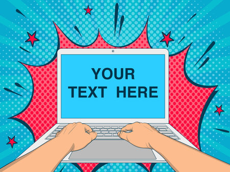Laptop screen with place for your text. Hands on the keyboard. Pop Art vintage vector illustrationのイラスト素材