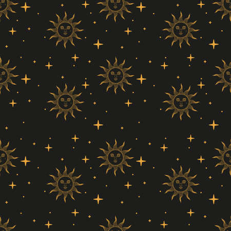 Seamless pattern with sun and stars in retro style. Vector illustrationのイラスト素材