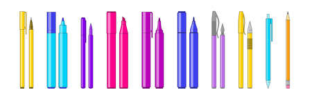 A set of pens and markers. Collection of stationery isolated on white background. Vector illustrationのイラスト素材