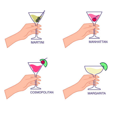 Hand holds a glass of cocktail collection - martini, manhattan, cosmopolitan, margarita. Vector illustration isolated on white backgroundのイラスト素材