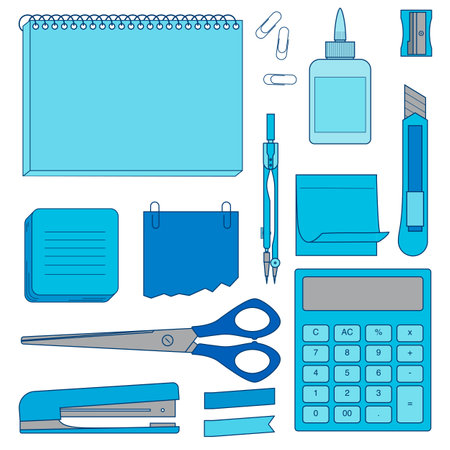 Stationery set - notepad, paper clips, glue, scissors, stapler, sticker, compasses, sharpener, stationery knife. Vector illustration isolated on white backgroundのイラスト素材