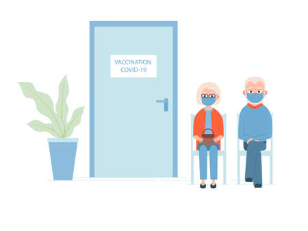 An elderly man and woman queuing up for the vaccine. Vector illustrationのイラスト素材