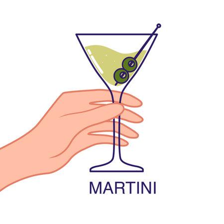 Hand holds a glass of martini with olive. Vector illustration isolated on white background.のイラスト素材