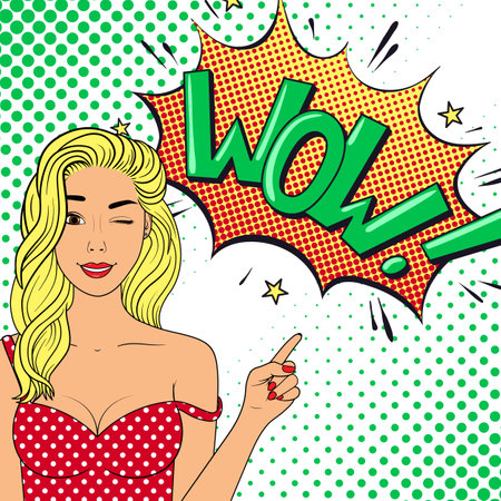 "Winking woman with speech bubble with text" "WoW" ". Comic woman. Pop Art vintage vector illustration"のイラスト素材