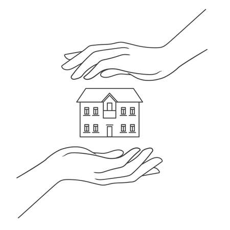 Hands hold the house. Real estate sale and insurance concept. Home preservation. Vector illustration isolated on white backgroundのイラスト素材
