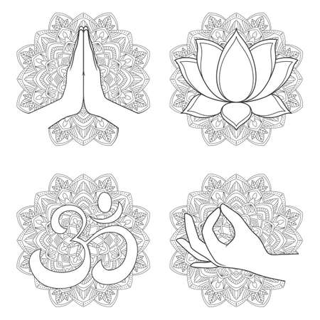 Collection of buddhism symbols on ornate background - namaste, lotus flower, aum, gyan mudra. Vector illustrationのイラスト素材