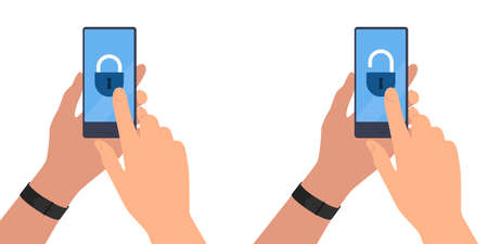 Locking and unlocking smartphone. Data protection concept. Hands are holding a smartphone. Vector illustrationのイラスト素材
