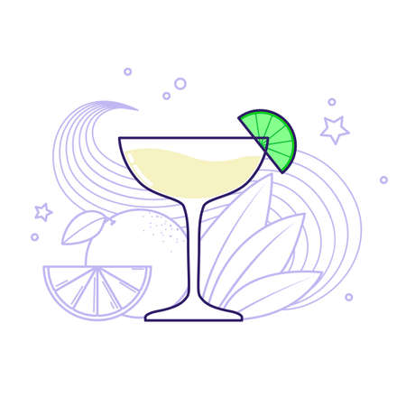 Alcoholic cocktail - margarita with lime and leaves in the background. Vector illustration isolated on white backgroundのイラスト素材