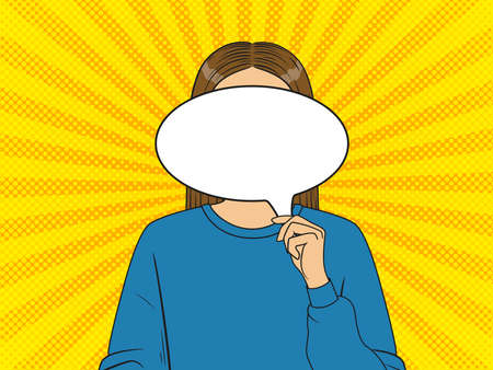 The girl hides her face behind a speech bubble with a place for text. Vector illustration in pop art styleのイラスト素材
