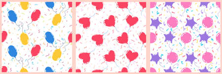 Collection of seamless pattern from multicolored festive balloons and confetti. Vector illustrationのイラスト素材