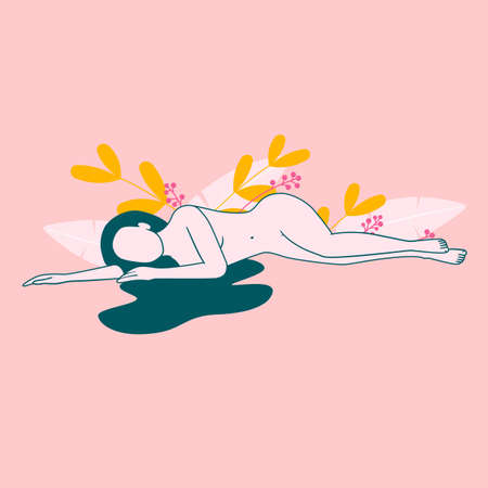 Lying woman and plants and berries on the background. Femininity and self-care concept. Vector illustration in modern styleのイラスト素材