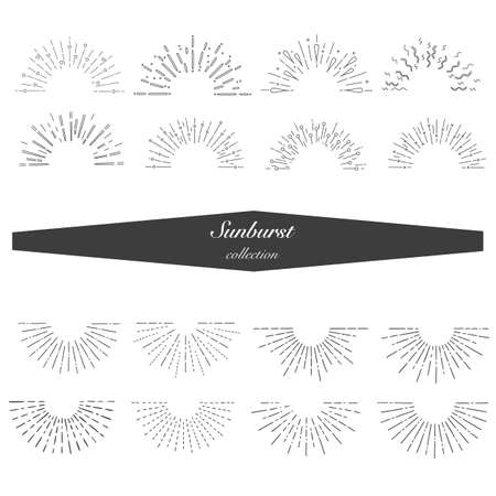 Collection of hand drawn sunburst in retro style. Half circle. Vector illustration isolated on white backgroundのイラスト素材
