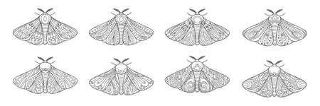 Collection of decorative fantastic moth. Wings covered with ornaments for coloring. Vector illustration isolated on white background.のイラスト素材