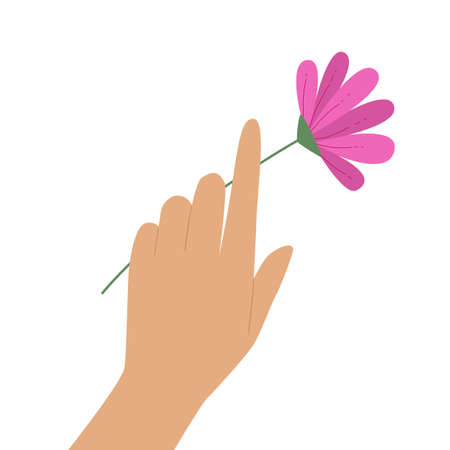 Hand holds a flower. Flat vector illustration isolated on white backgroundのイラスト素材