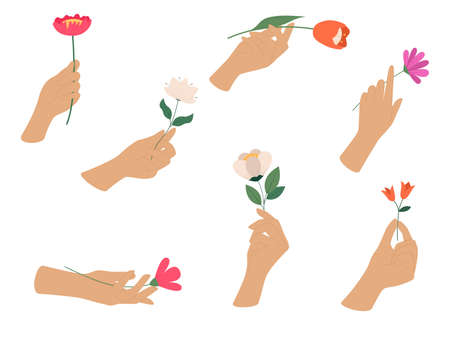 Collection of hands holding a flowers. Various hand poses. Flat vector illustration isolated on white backgroundのイラスト素材