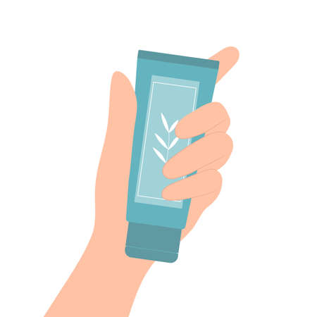 A woman's hand holds a tube of cream with a leaf on the package. Organic cosmetics. Vector flat illustration isolated on white backgroundのイラスト素材