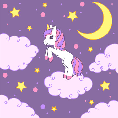 A happy unicorn stands on a cloud against the background of the starry sky and the moon. Colorful vector illustration for cards, books, t-shirtsのイラスト素材