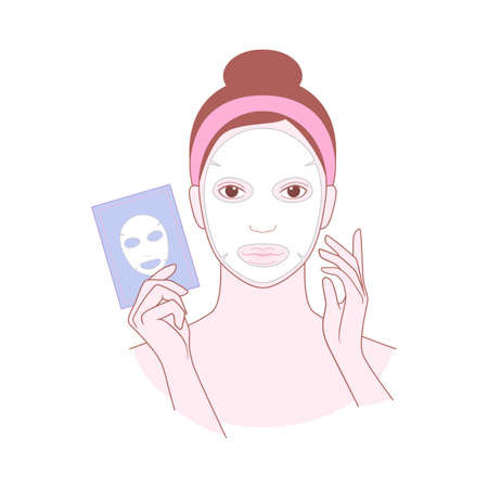 Young beautiful woman is using a cosmetic sheet mask. Vector color illustration isolated on white backgroundのイラスト素材