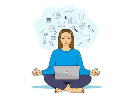Woman in lotus position with laptop on her lap. Peace of mind when solving work tasks while working remotely. Vector illustration isolated on white backgroundのイラスト素材