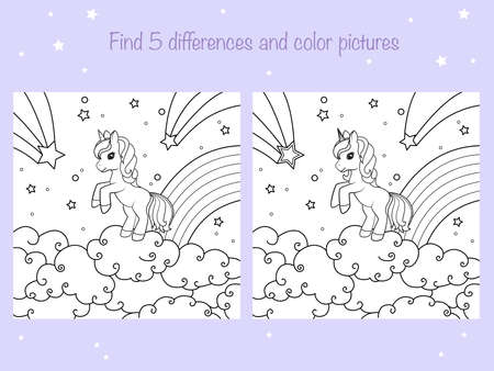 Find the same pictures and color - children educational game. Coloring book page with cute little unicorn. Vector illustrationのイラスト素材