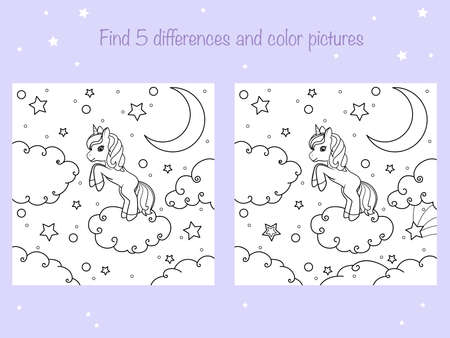 Find the same pictures and color - children educational game. Coloring book page with cute little unicorn. Vector illustrationのイラスト素材