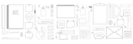 Collection of papers for memo and other stationery - notepads, stickers, pencil, pens, markers, notebooks and ect. Vector illustration isolated on white backgroundのイラスト素材