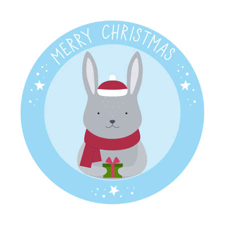 Round card with a cute rabbit in a hat and a scarf with the text "Merry Christmas". Vector illustration for cards, invitations, stickers, t-shirts, labelsのイラスト素材