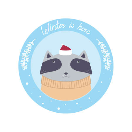 Round card with a cute racoon in a hat with the text "Winter is here". Vector illustration for cards, invitations, stickers, t-shirts, labelsのイラスト素材