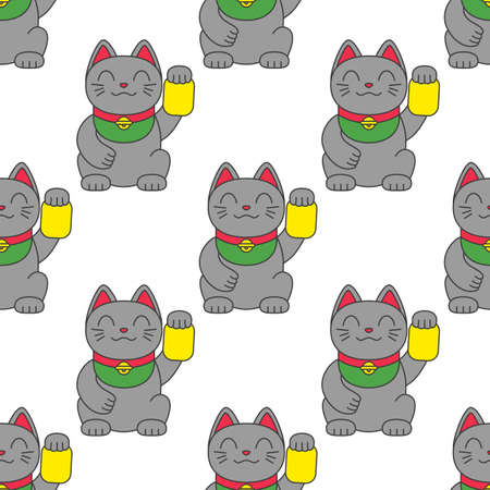 Seamless pattern with maneki neko - a lucky Asian smiling cat. Vector illustrationのイラスト素材