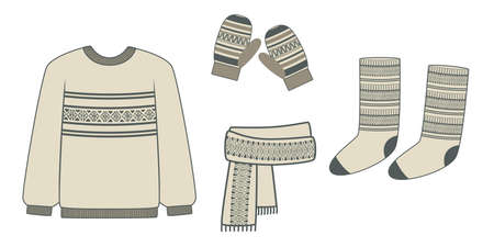 Collection of knitted winter cozy clothes - sweater, mittens, scarf and socks. Vector illustration isolated on white backgroundのイラスト素材