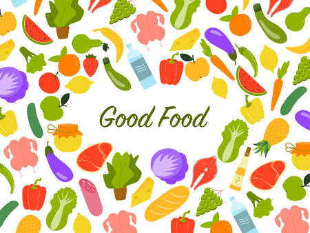 Collection of natural organic food - vegetables, fruits, meat, fish and oil with a text Good Food. Vector flat illustration isolated on white backgroundのイラスト素材