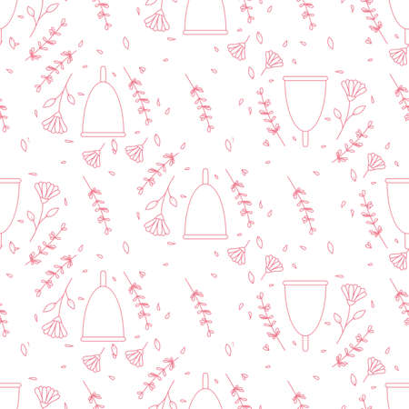 Seamless pattern with cute menstrual cups and flowers. Vector illustrationのイラスト素材