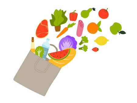 Eco bag with food - meat, water, vegetables, fruits, oil. Vector flat illustration isolated on white backgroundのイラスト素材